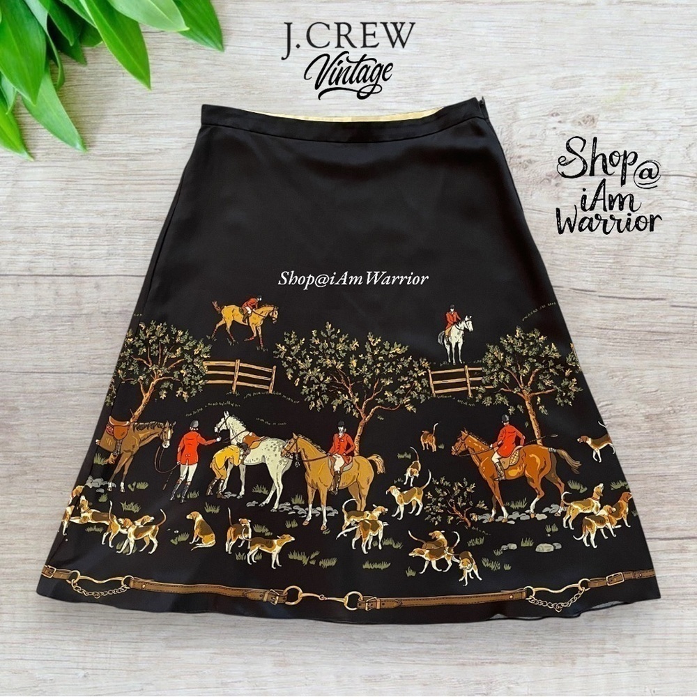 J.Crew RARE vintage equestrian horse & hound print a-line silk skirt *iamwarrior - Picture 4 of 13